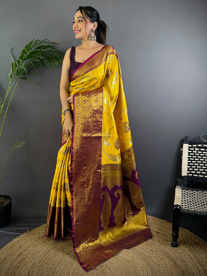 Yellow & Maroon Peacock Weaving Banarasi Silk Saree with Rich Zari Border