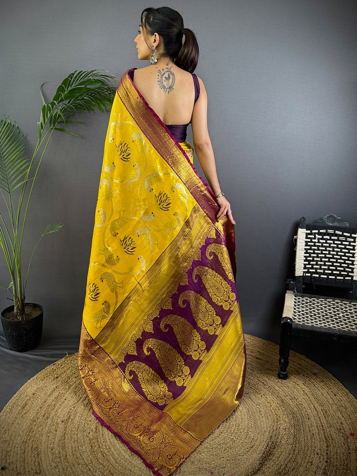 Yellow & Maroon Peacock Weaving Banarasi Silk Saree with Rich Zari Border