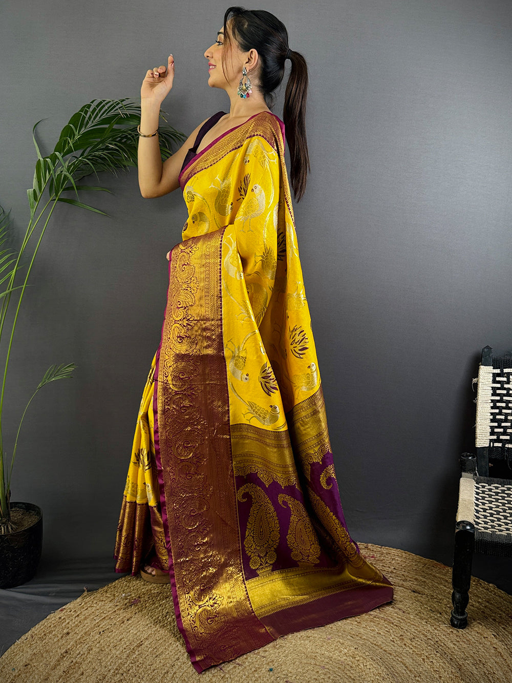 Yellow & Maroon Peacock Weaving Banarasi Silk Saree with Rich Zari Border