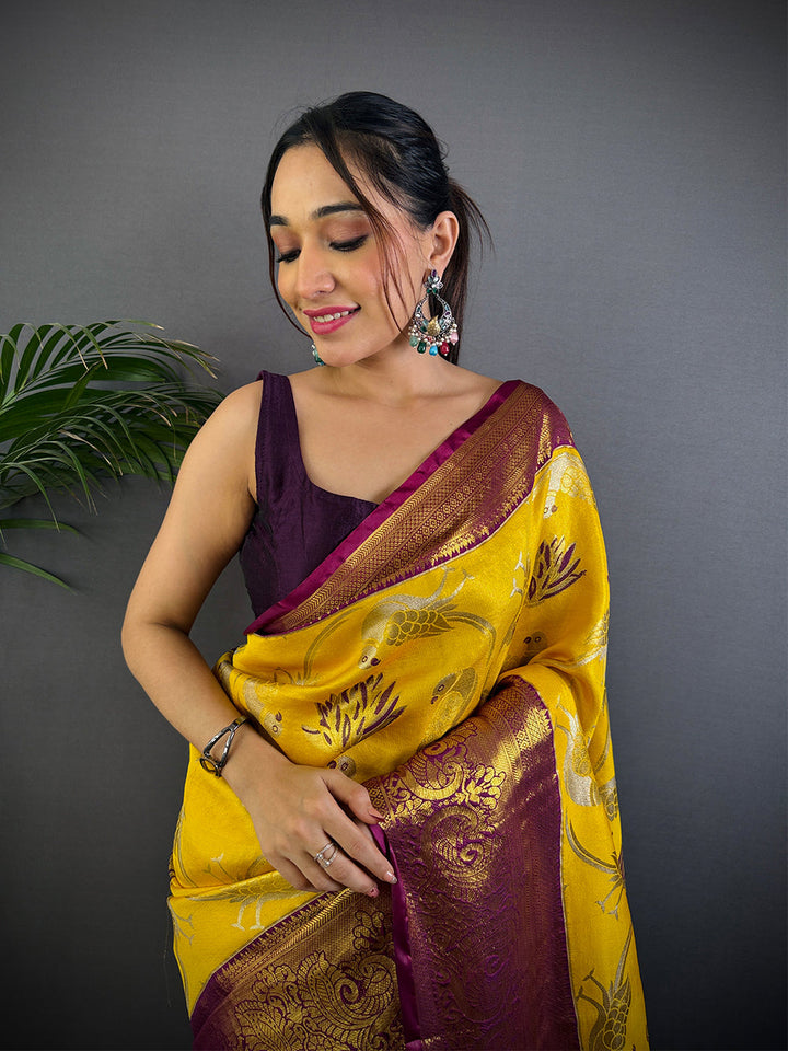 Yellow & Maroon Peacock Weaving Banarasi Silk Saree with Rich Zari Border