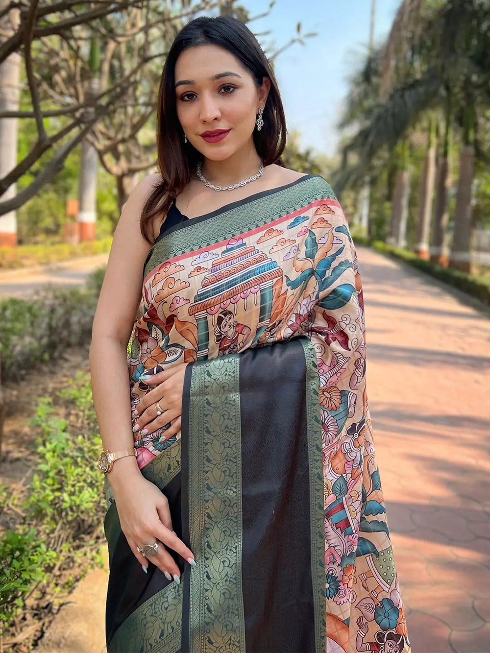 Black & Multicolor Madhubani Print Banarasi Silk Saree with Woven Zari Border