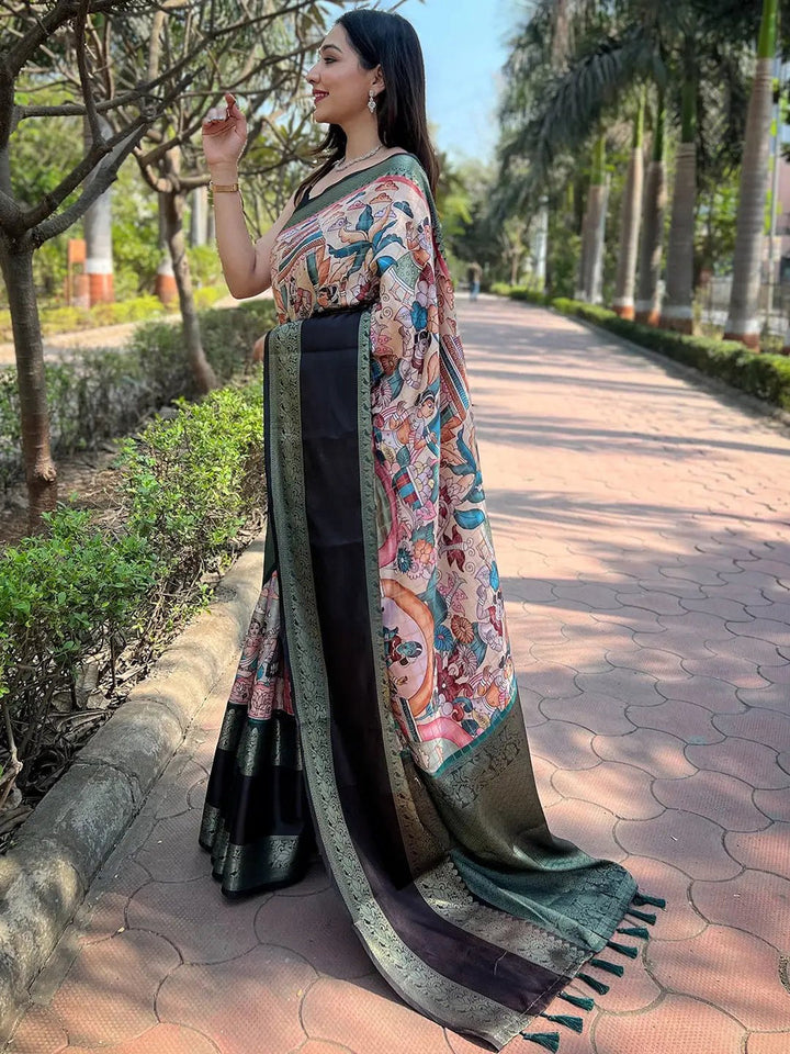 Black & Multicolor Madhubani Print Banarasi Silk Saree with Woven Zari Border