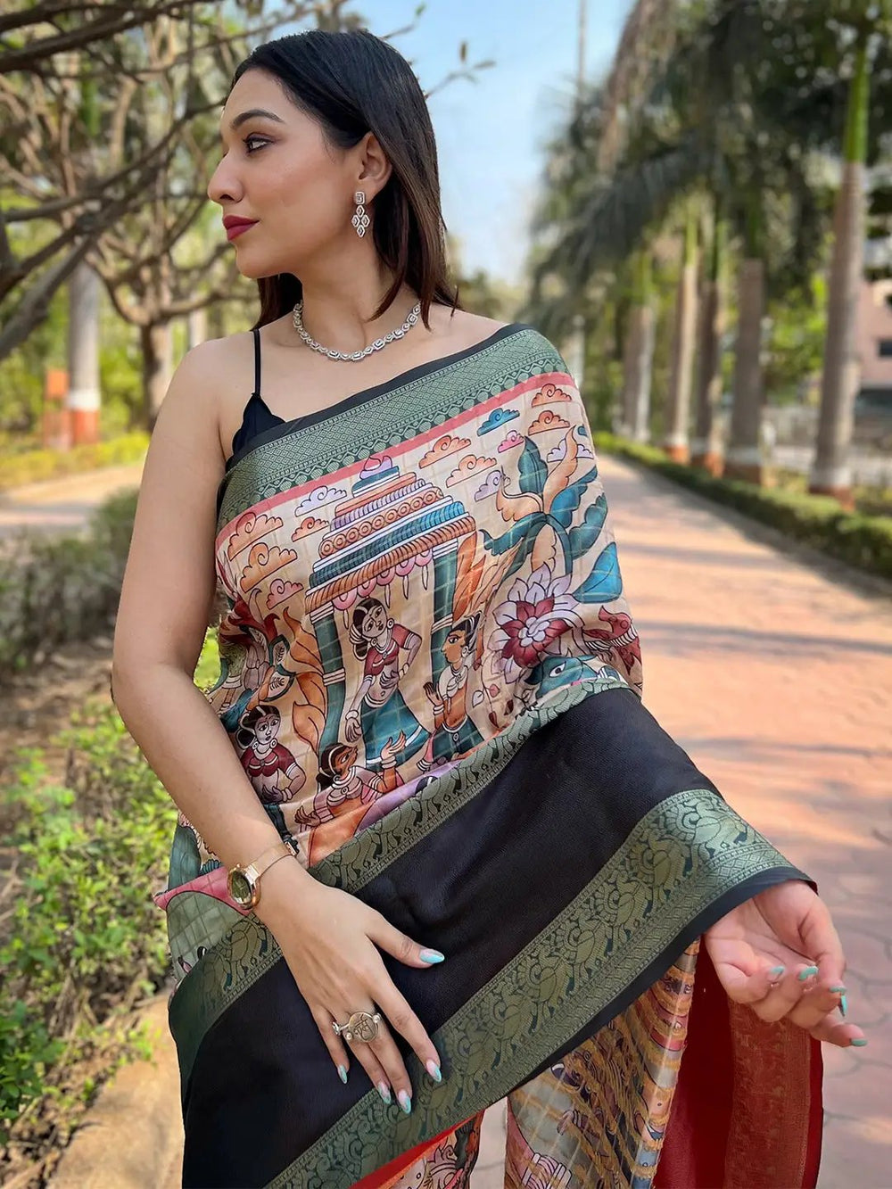 Black & Multicolor Madhubani Print Banarasi Silk Saree with Woven Zari Border