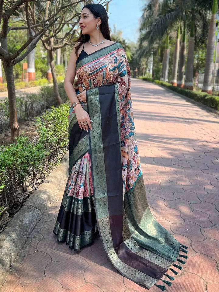 Black & Multicolor Madhubani Print Banarasi Silk Saree with Woven Zari Border