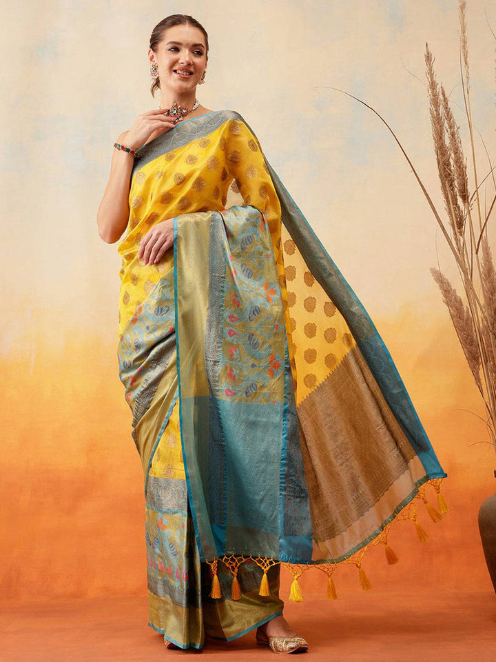 Yellow & Teal Banarasi Silk Saree with Golden Zari Butta and Contrast Pallu