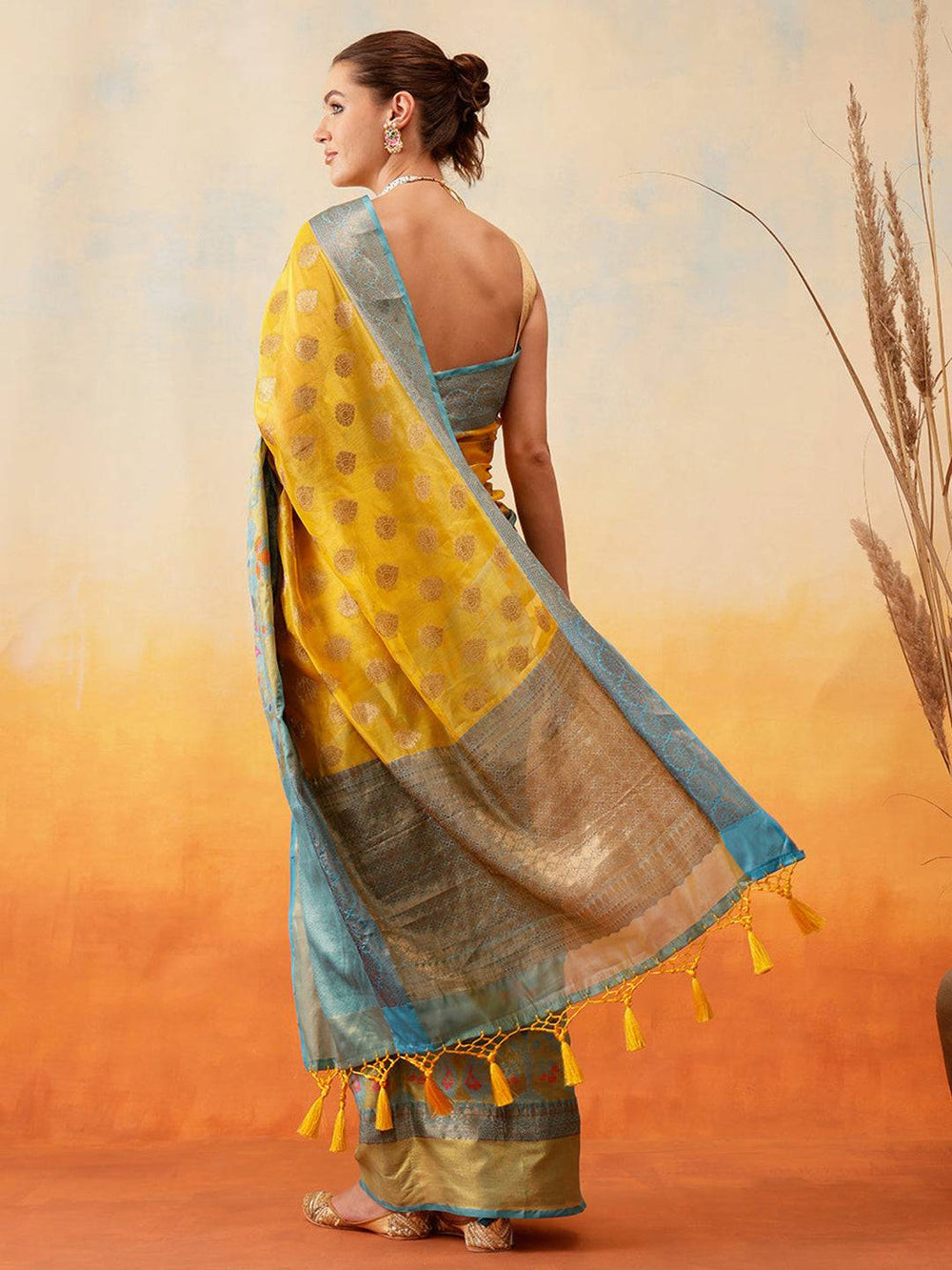 Yellow & Teal Banarasi Silk Saree with Golden Zari Butta and Contrast Pallu