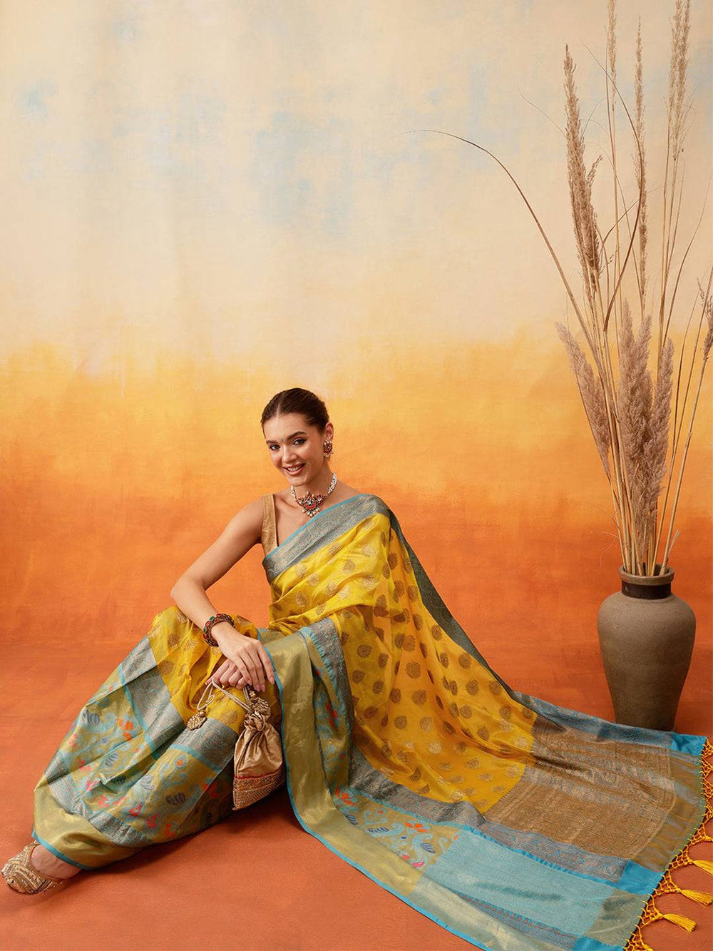 Yellow & Teal Banarasi Silk Saree with Golden Zari Butta and Contrast Pallu