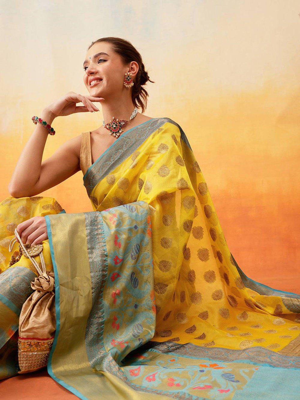 Yellow & Teal Banarasi Silk Saree with Golden Zari Butta and Contrast Pallu