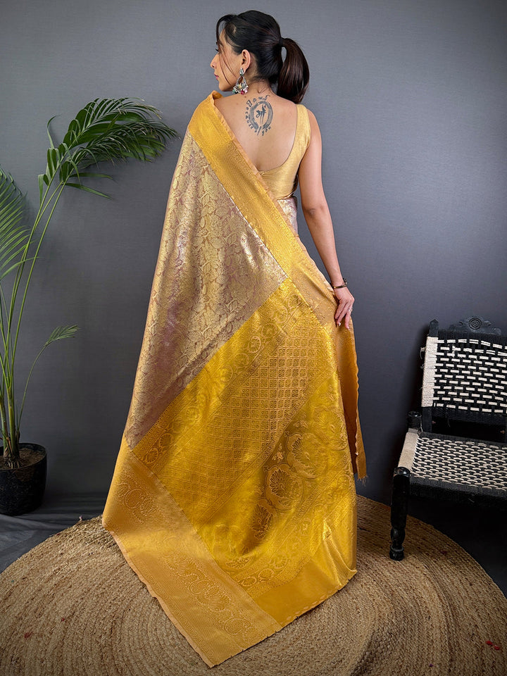 Golden Banarasi Silk Saree with Intricate Zari Weaving
