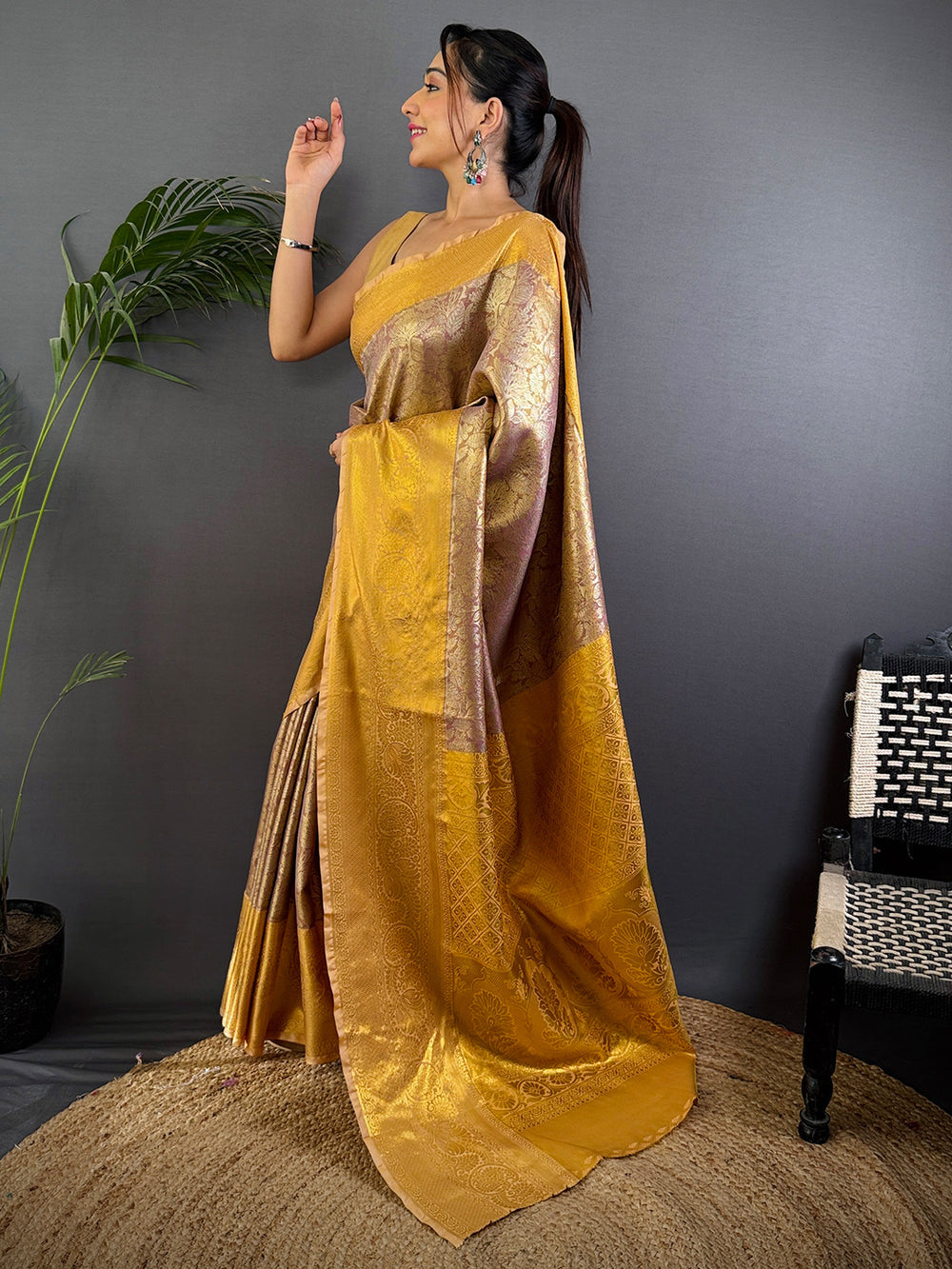 Golden Banarasi Silk Saree with Intricate Zari Weaving