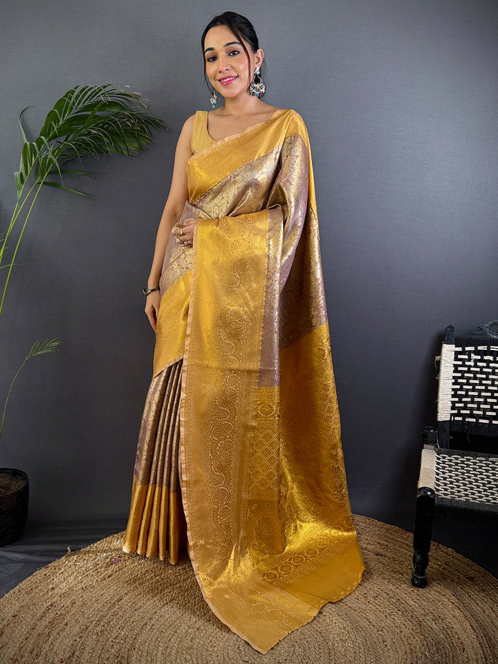Golden Banarasi Silk Saree with Intricate Zari Weaving