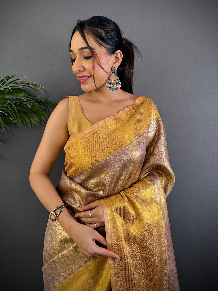 Golden Banarasi Silk Saree with Intricate Zari Weaving