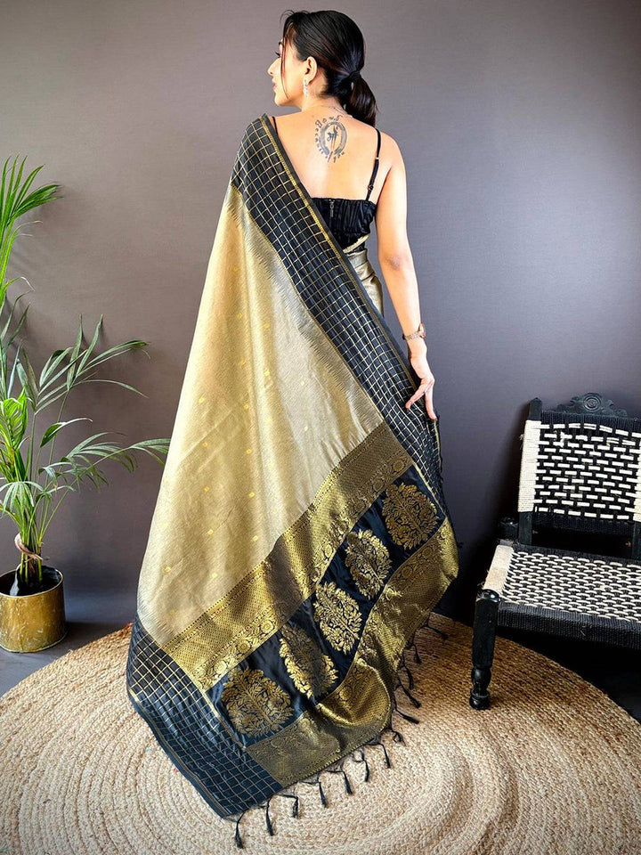 Black & Beige Checkered Banarasi Silk Saree with Zari Weaving