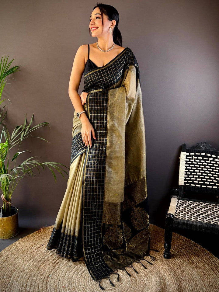 Black & Beige Checkered Banarasi Silk Saree with Zari Weaving