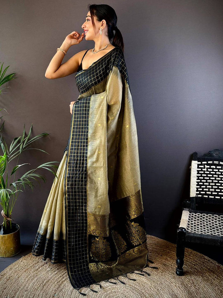 Black & Beige Checkered Banarasi Silk Saree with Zari Weaving