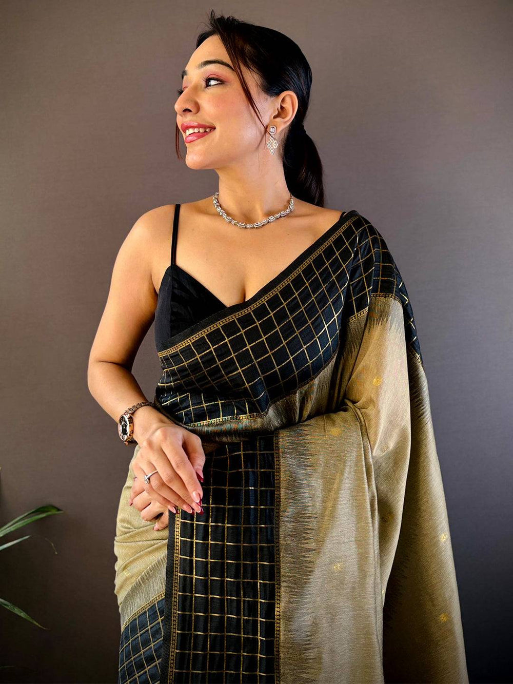 Black & Beige Checkered Banarasi Silk Saree with Zari Weaving