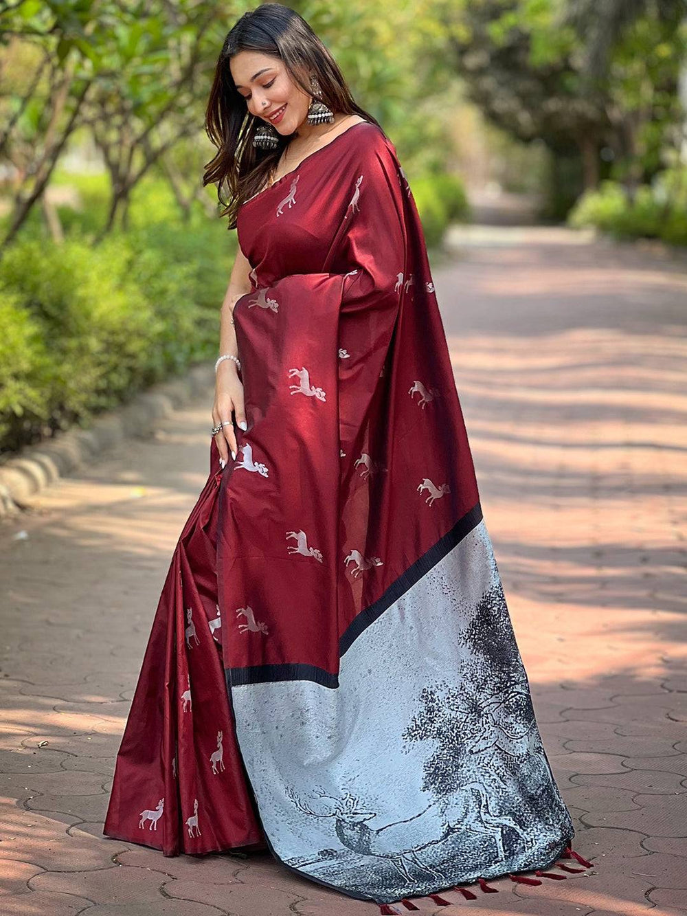 Maroon Digital Print Soft Silk Saree with Running Deer Motif & Contrast Grey Artistic Pallu
