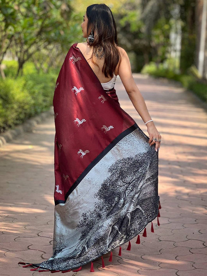 Maroon Digital Print Soft Silk Saree with Running Deer Motif & Contrast Grey Artistic Pallu