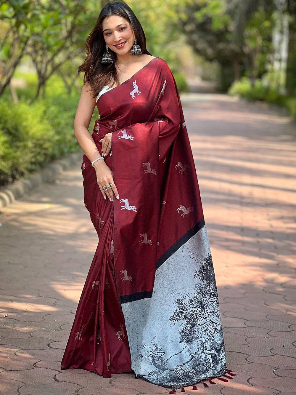 Maroon Digital Print Soft Silk Saree with Running Deer Motif & Contrast Grey Artistic Pallu