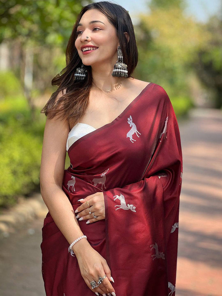 Maroon Digital Print Soft Silk Saree with Running Deer Motif & Contrast Grey Artistic Pallu