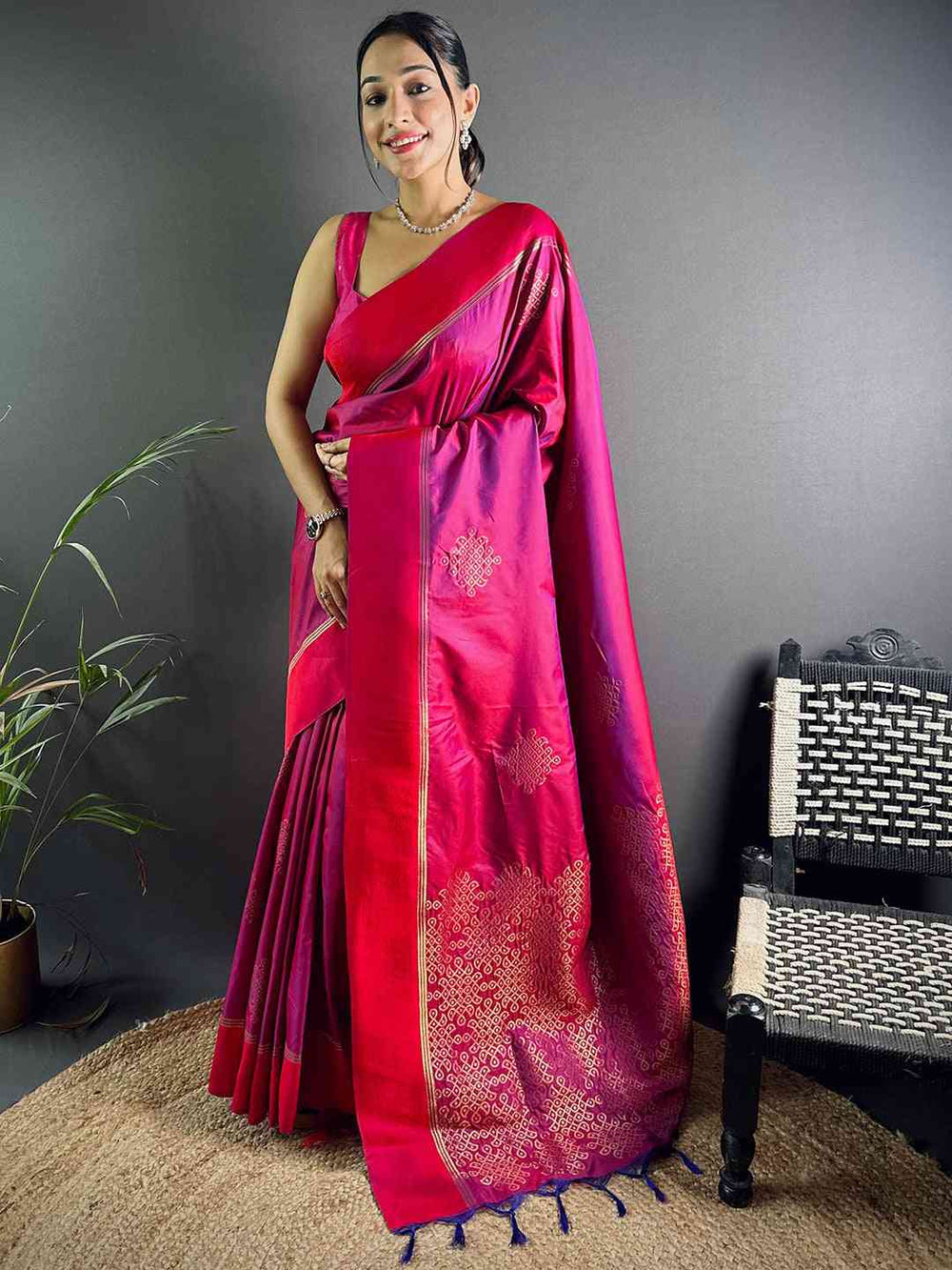 Rani Pink Soft Silk Saree with Golden Zari Weaving & Tassels