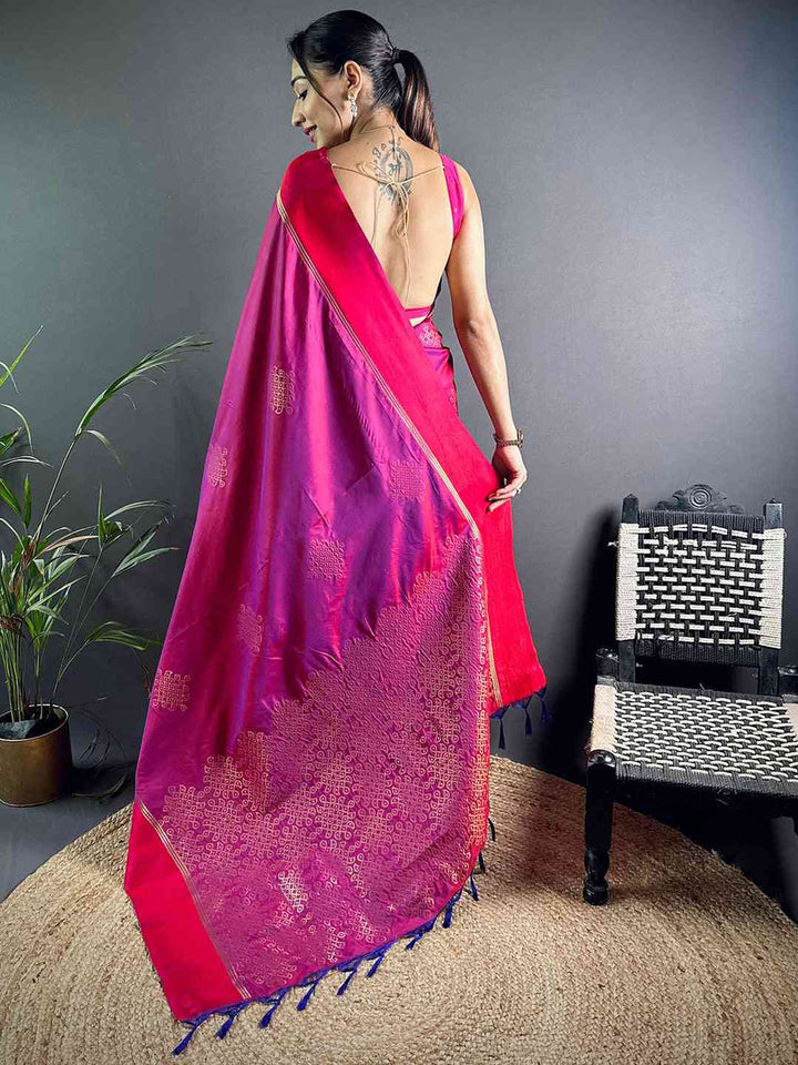 Rani Pink Soft Silk Saree with Golden Zari Weaving & Tassels