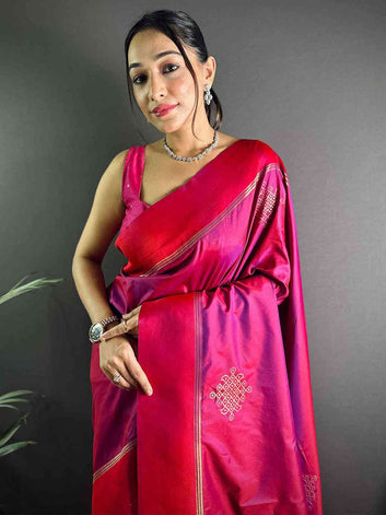 Rani Pink Soft Silk Saree with Golden Zari Weaving & Tassels