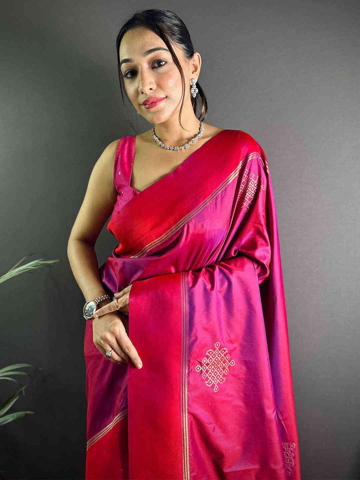 Rani Pink Soft Silk Saree with Golden Zari Weaving & Tassels
