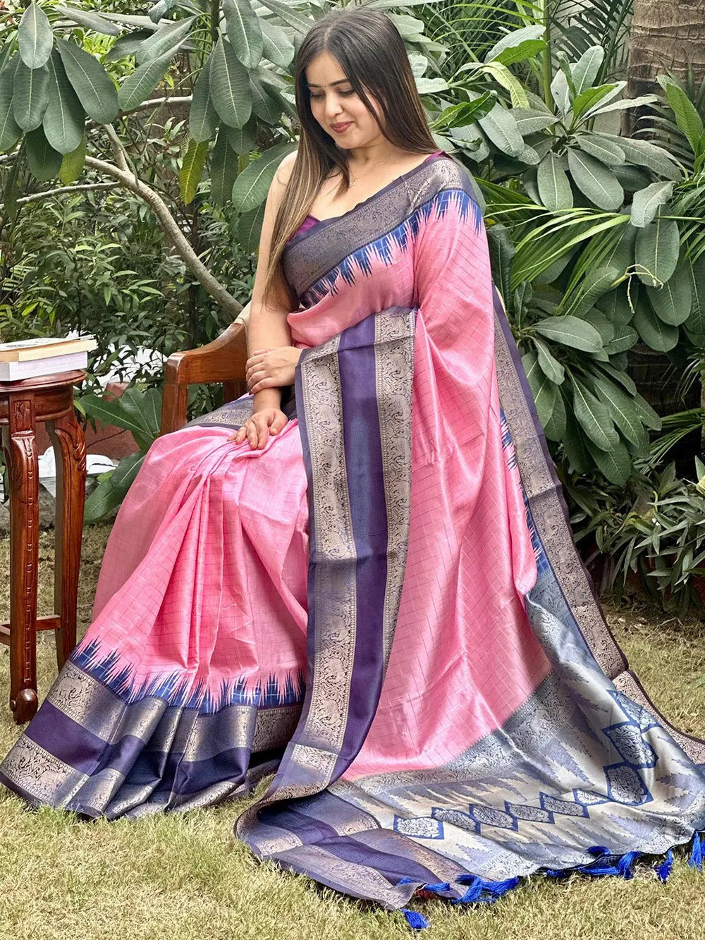 Pink & Navy Blue Banarasi Soft Silk Saree with Rich Zari Border