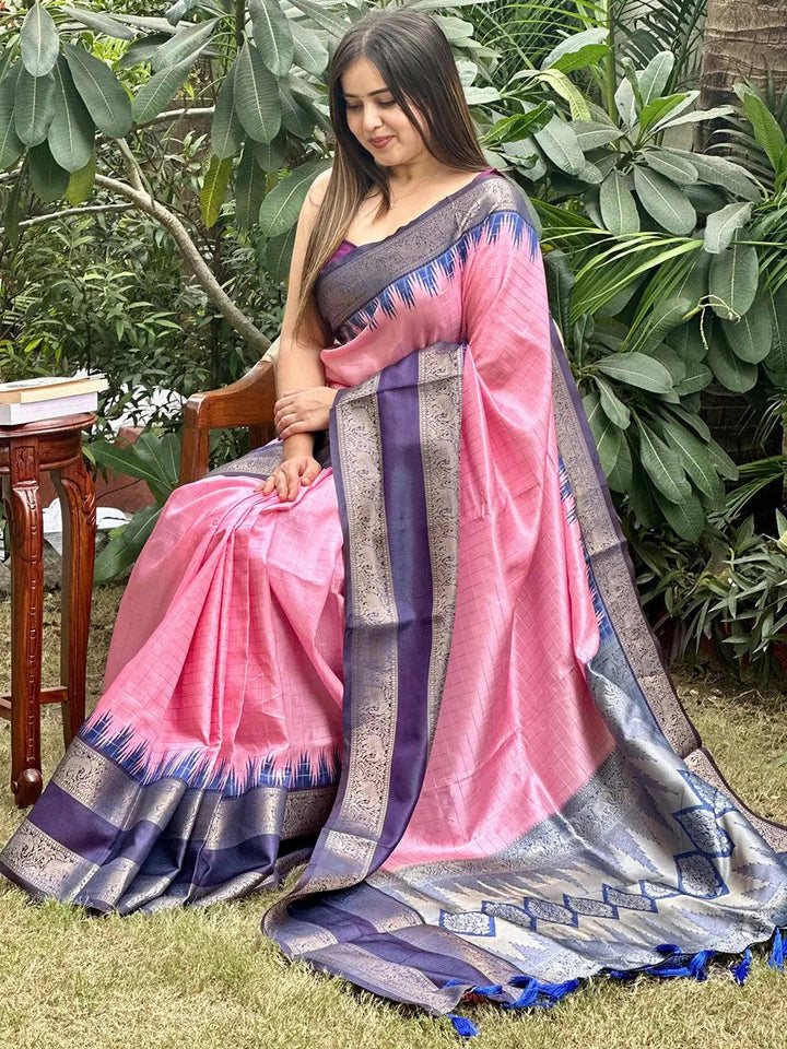 Pink & Navy Blue Banarasi Soft Silk Saree with Rich Zari Border