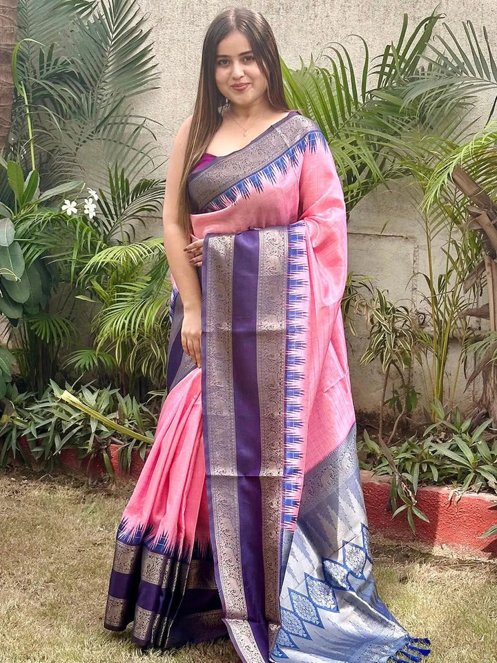 Pink & Navy Blue Banarasi Soft Silk Saree with Rich Zari Border