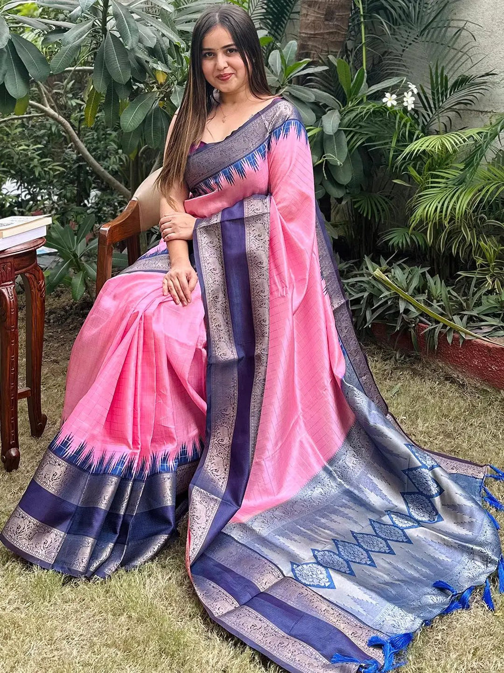Pink & Navy Blue Banarasi Soft Silk Saree with Rich Zari Border