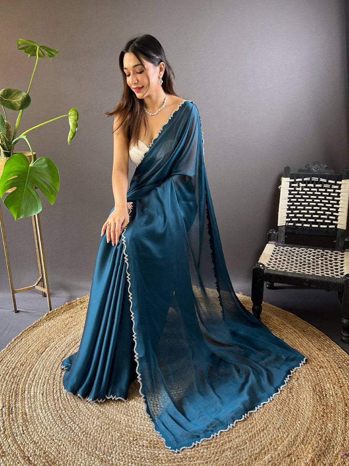 Teal Blue Plain Organza Saree with Embroidered Scallop Border