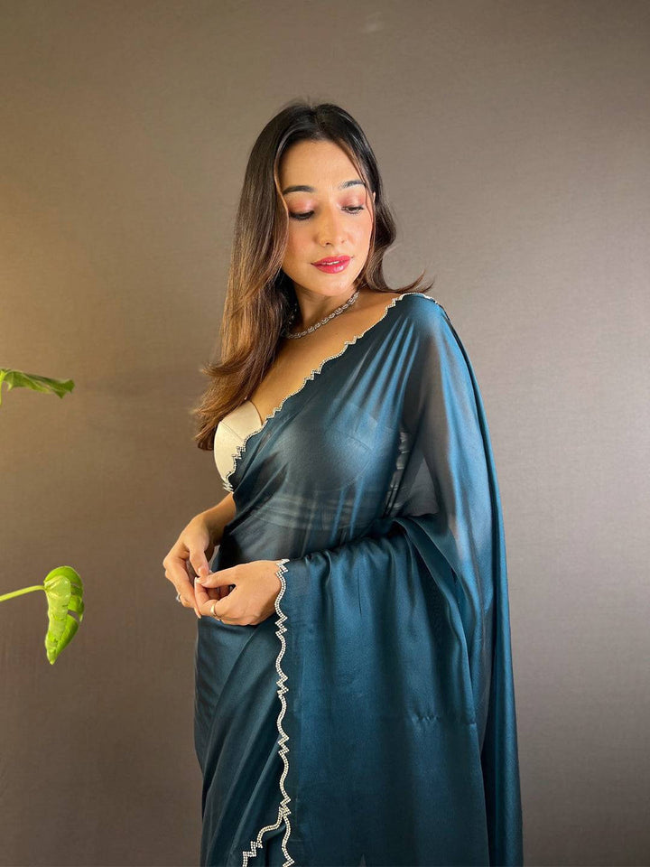 Teal Blue Plain Organza Saree with Embroidered Scallop Border