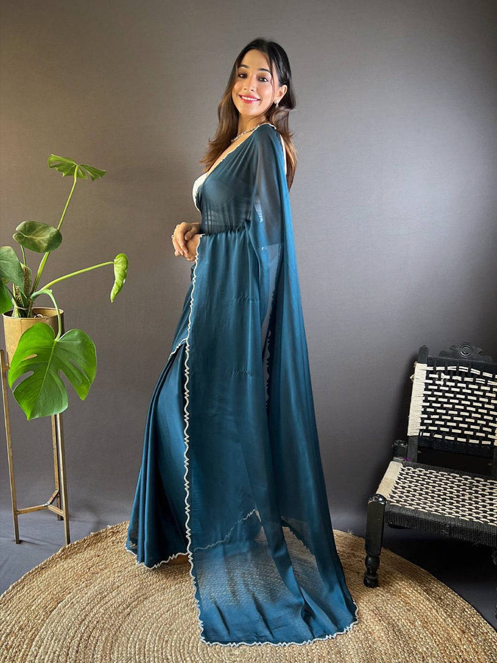 Teal Blue Plain Organza Saree with Embroidered Scallop Border