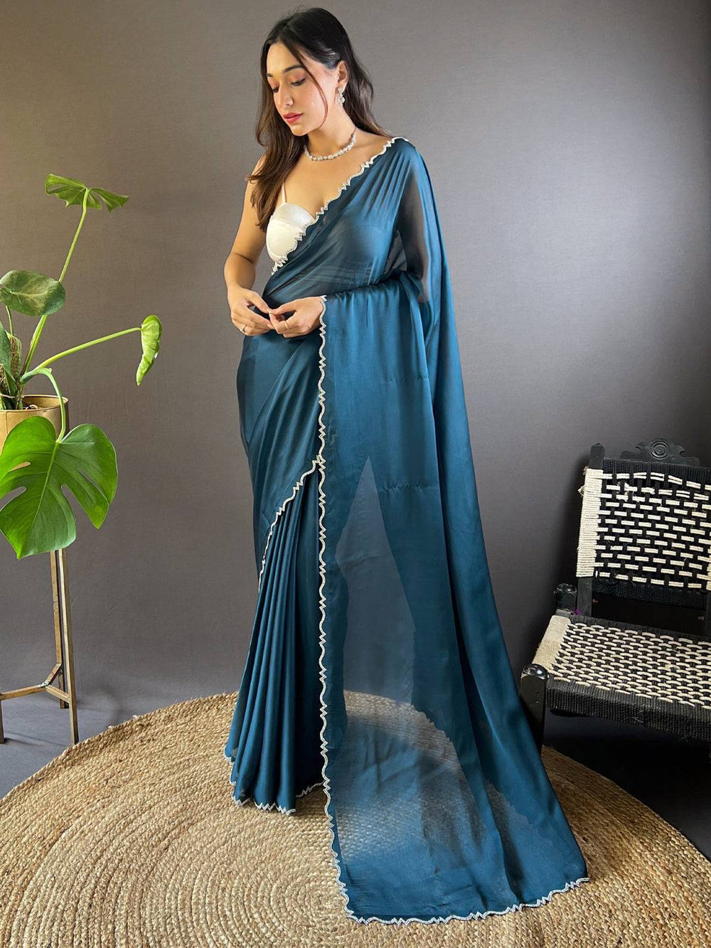 Teal Blue Plain Organza Saree with Embroidered Scallop Border
