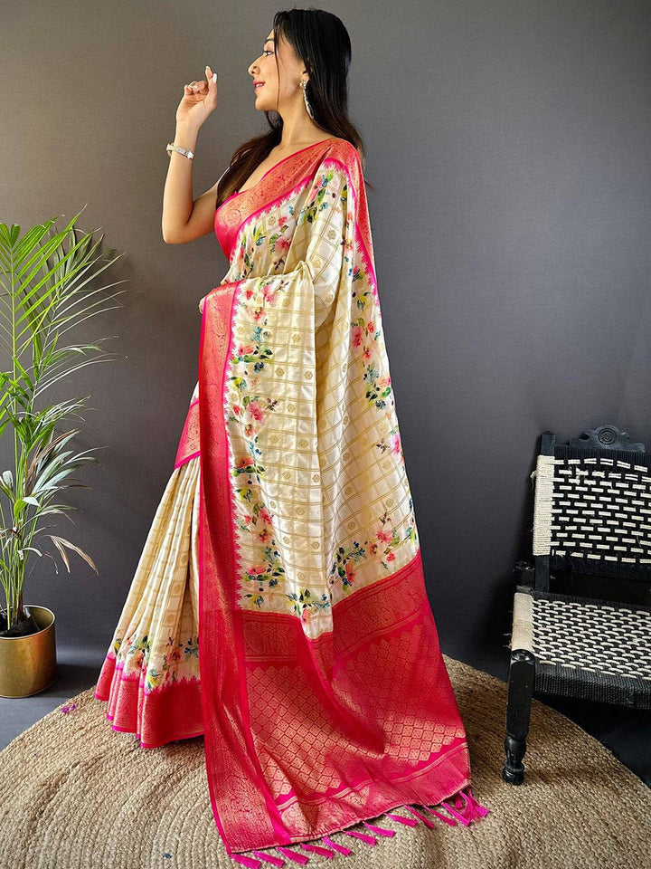 Cream Floral Print Soft Silk Saree with Rich Pink Zari Border