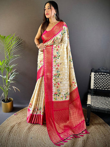 Cream Floral Print Soft Silk Saree with Rich Pink Zari Border
