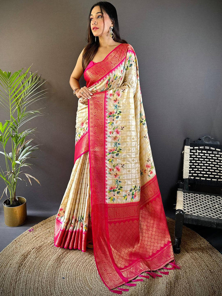 Cream Floral Print Soft Silk Saree with Rich Pink Zari Border