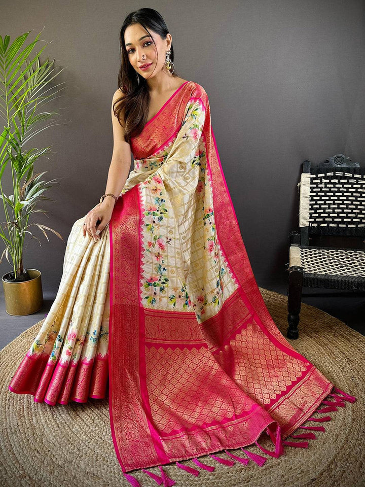 Cream Floral Print Soft Silk Saree with Rich Pink Zari Border