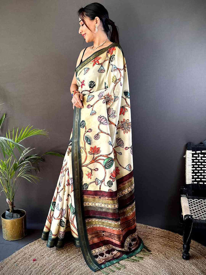 Elegant Cream Handloom Silk Saree with Multicolor Floral Embroidery & Rich Woven Border