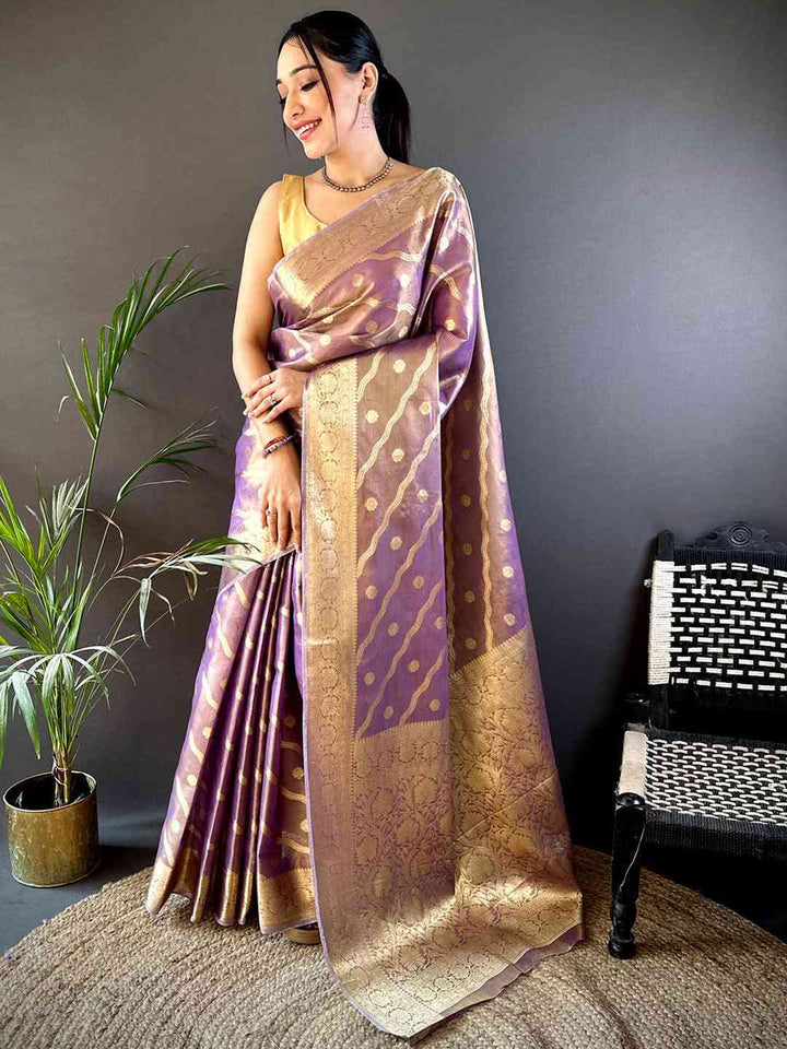 Lavender Soft Silk Saree with Gold Zari Weaving & Traditional Floral Border