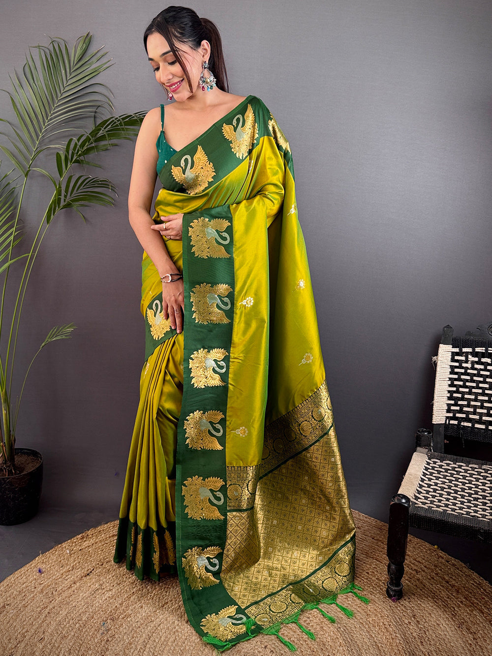 Green & Mustard Peacock Motif Banarasi Silk Saree