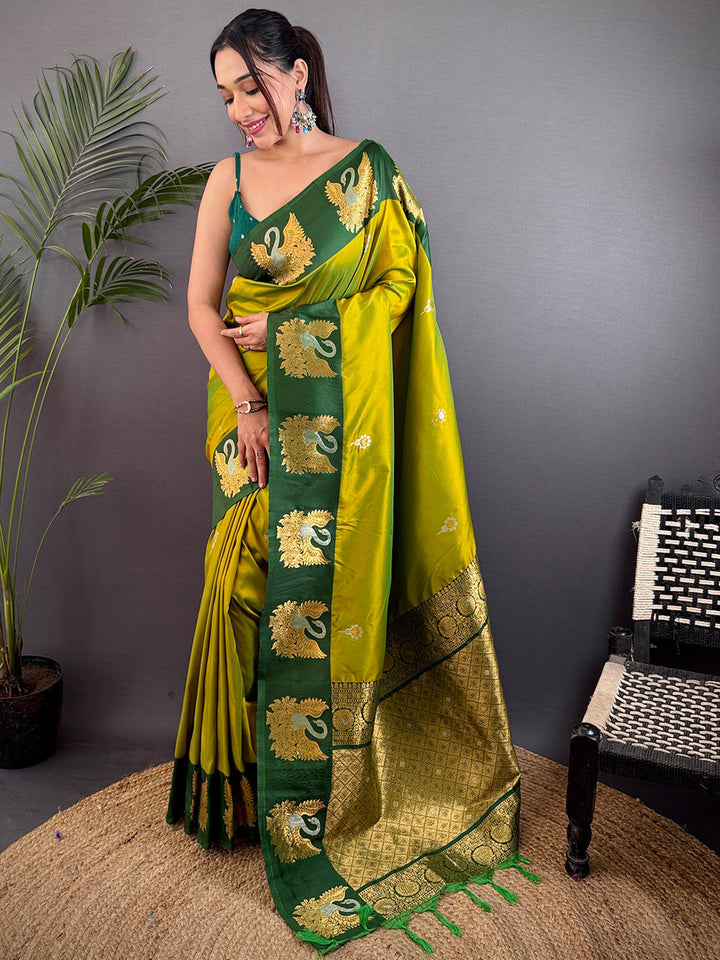 Green & Mustard Peacock Motif Banarasi Silk Saree