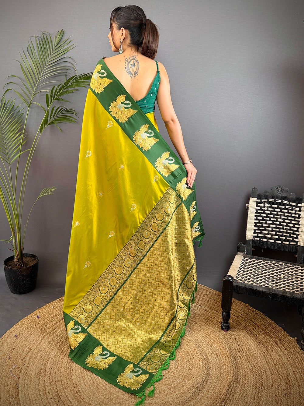 Green & Mustard Peacock Motif Banarasi Silk Saree