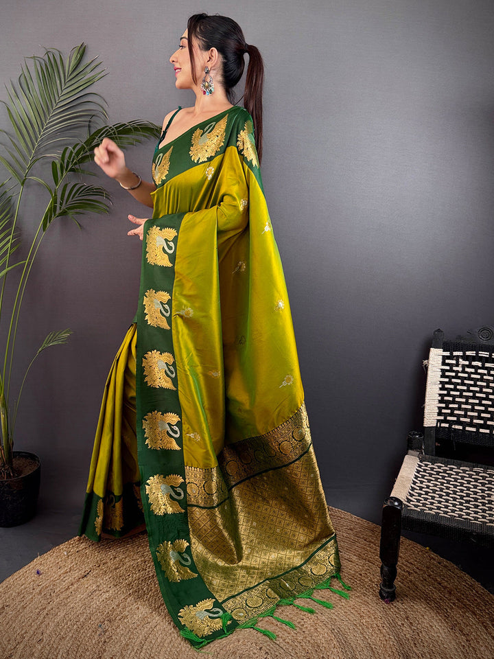 Green & Mustard Peacock Motif Banarasi Silk Saree