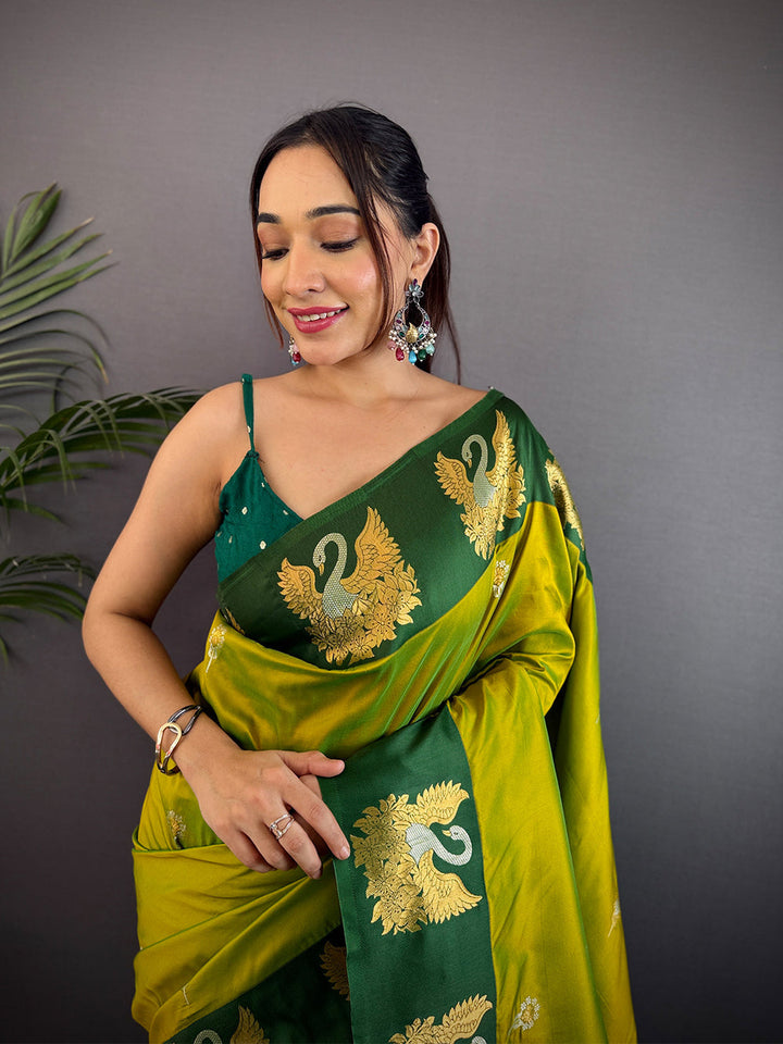 Green & Mustard Peacock Motif Banarasi Silk Saree