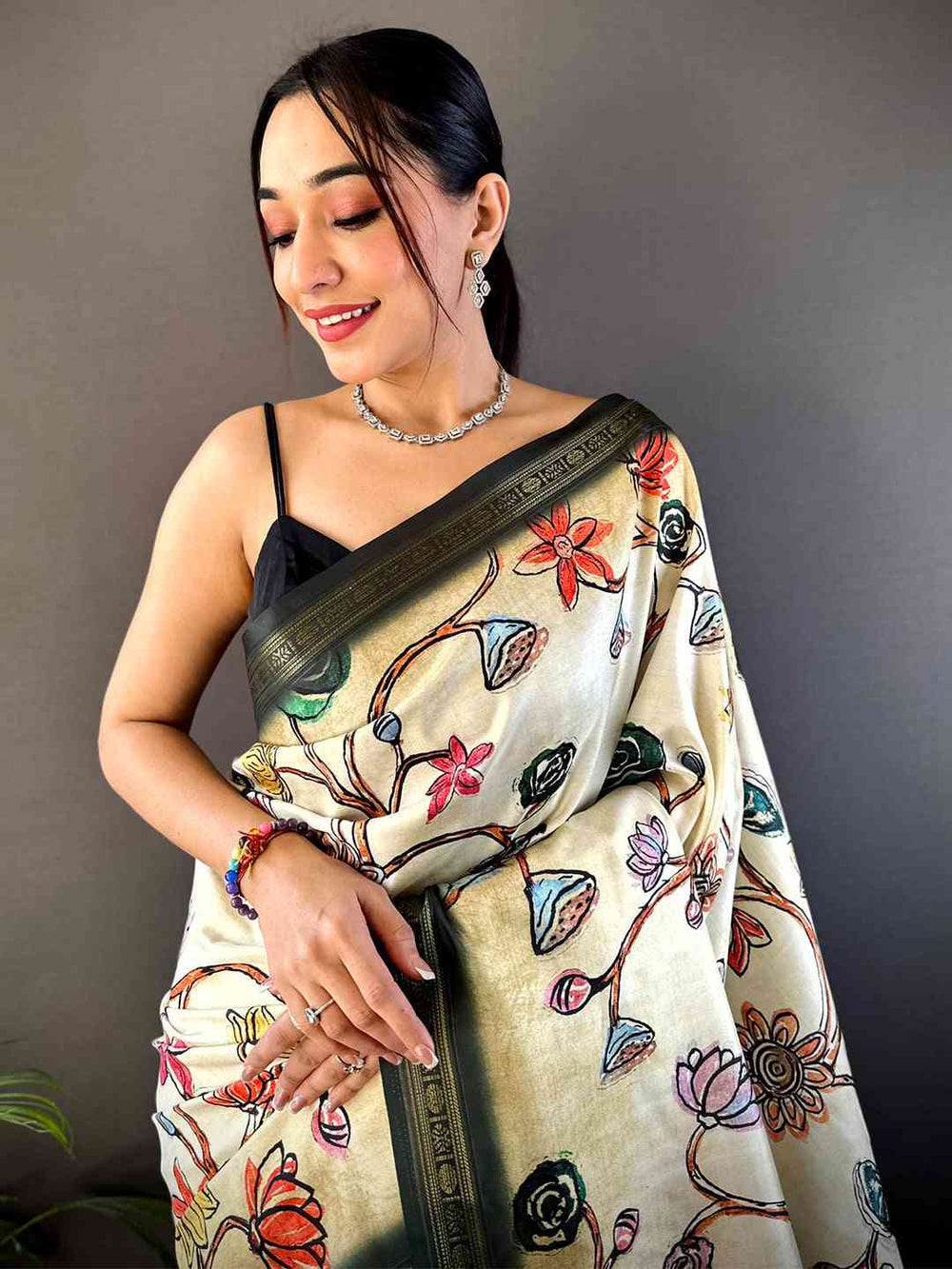 Elegant Cream Handloom Silk Saree with Multicolor Floral Embroidery & Rich Woven Border