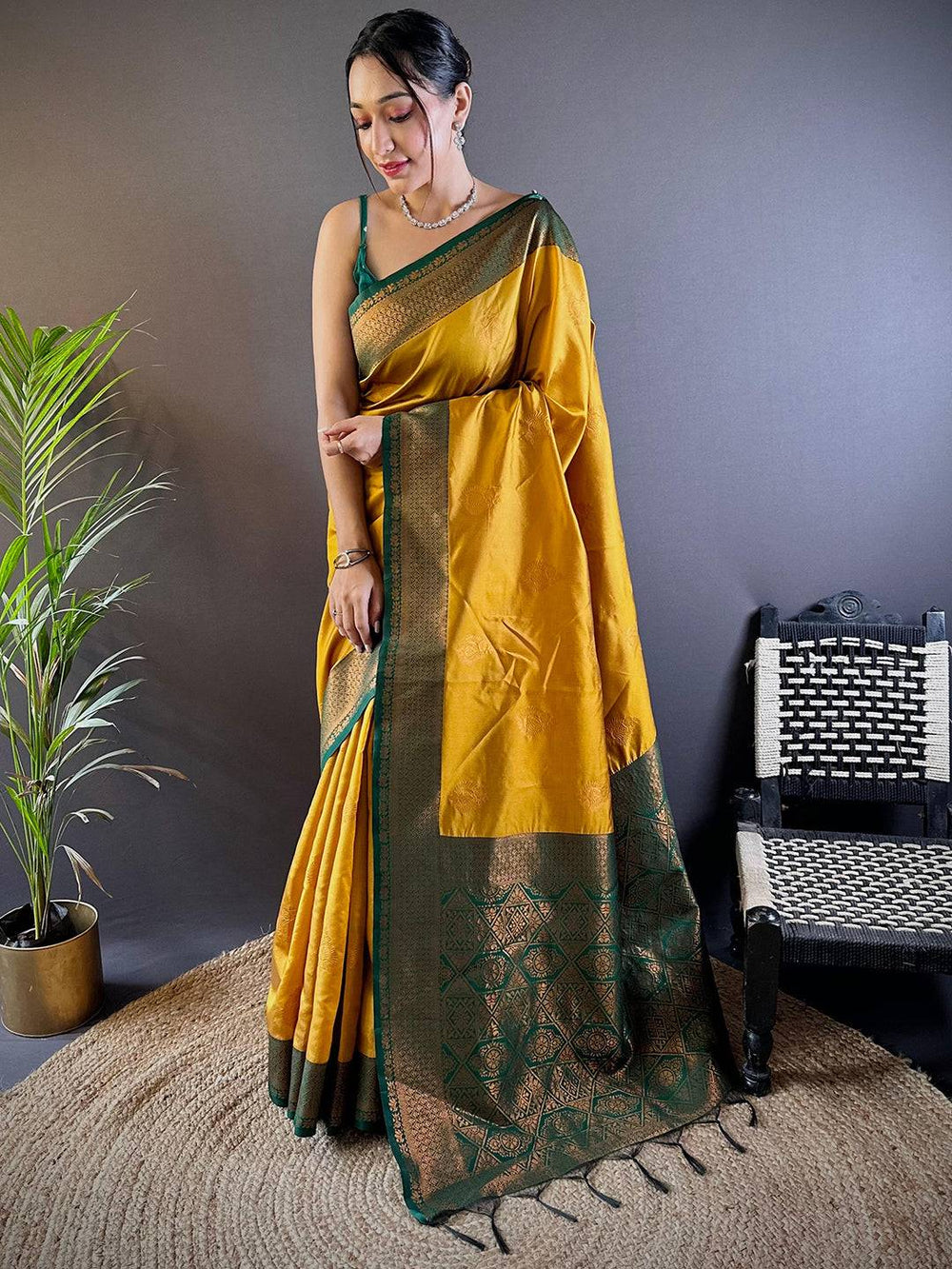 Mustard Yellow & Bottle Green Banarasi Silk Saree for Women