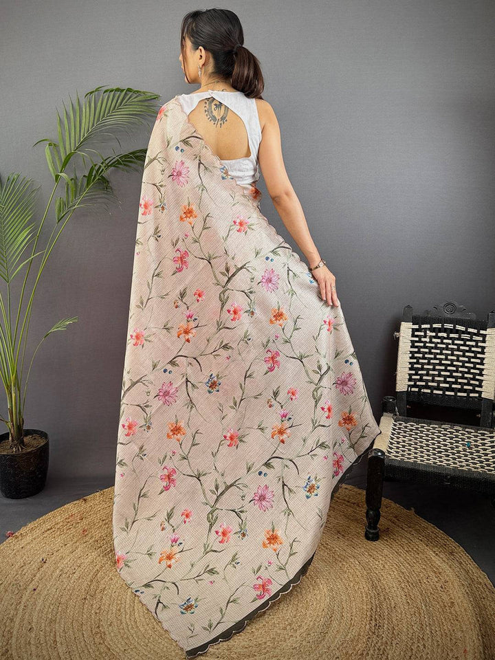 Soft Beige Linen Saree with Digital Floral Print & Subtle Designer Border